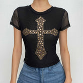 Short sleeve beaded cross pattern sheer mesh see through contrast top-final-sale
