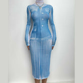 Sheer mesh see through turtle neck long sleeve contrast print midi dress