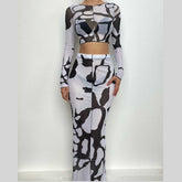 Sheer mesh see through long sleeve stitch contrast maxi skirt set-final-sale