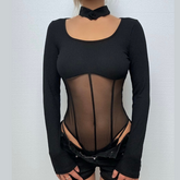 High neck mesh patchwork bodysuit