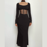 Mesh patchwork solid long sleeve square neck midi dress-final-sale
