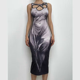Hollow out abstract irregular sleeveless slit contrast cut out midi dress-final-sale