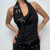Halter backless hollow out ribbed cowl neck solid cut out top