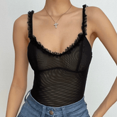Sheer mesh ruffle see through v neck solid sleeveless bodysuit