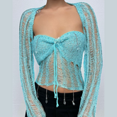 Halter knotted crystal pendant shrug hollow out ruched top
