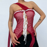Halter ruffle mesh lace hem top