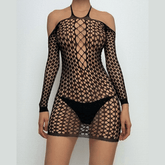 Long sleeve halter net solid mini dress