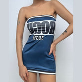 Letter print backless contrast tube mini dress