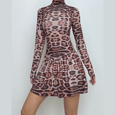 Leopard print long sleeve high neck mini dress