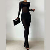 Long sleeve crewneck ruched mesh hollow out cut out maxi dress