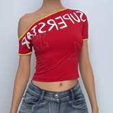 Short sleeve one shoulder “super starâ€?print top