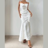 Beaded ruffle lace zip-up maxi skirt