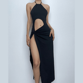 Hollow out solid halter backless slit ruched cut out midi dress