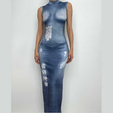 Denim print sleeveless contrast high neck maxi dress-final-sale