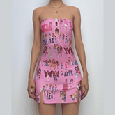Hollow out bowknot print slit tube cut out mini dress