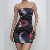 Ruched print contrast backless abstract tube mini dress
