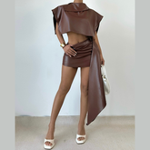 PU leather zip-up ruched irregular mini skirt set