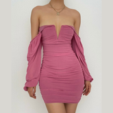 Mesh solid long sleeve ruched notch neck zip-up mini dress-final-sale