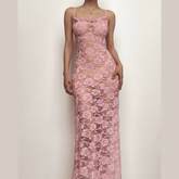 Ruffle lace stitch see through solid cami maxi dress-final-sale