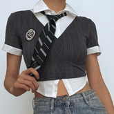 Textured short sleeve patchwork necktie turnover collar crop top