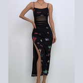 High slit print mesh backless cami midi dress