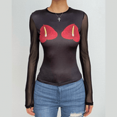 Long sleeve mesh crewneck flower pattern patchwork top-final-sale