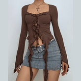 Long sleeve ruffle self tie top
