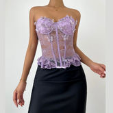 Butterfly applique ruffle bustier lace top