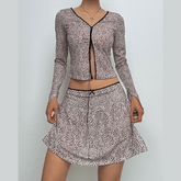Long sleeve leopard print lace up ruched skirt set