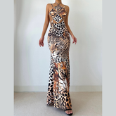 Tiger stripes print halter self tie hollow out cut out maxi dress