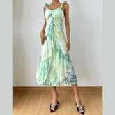 Ruched v neck ruffle print zip-up midi dress