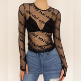 Sheer mesh "hate love" print see through solid long sleeve gloves top