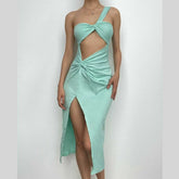 Knotted irregular one shoulder hollow out slit solid cut out midi dress-final-sale