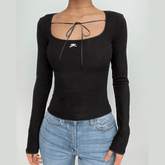 Self tie long sleeve square neck solid top-final-sale