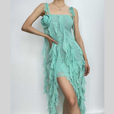 Ruffle solid self tie mesh flower applique ribbon midi dress-final-sale