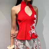 Hollow out print high neck contrast cut out top