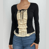 Lace patchwork contrast long sleeve self tie top-final-sale