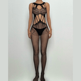 Lace patchwork open crotch bodystocking
