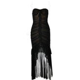 Sweetheart neck ruched ruffle tube midi dress-final-sale