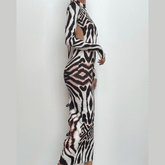Backless self tie long sleeve tiger print contrast midi dress-final-sale