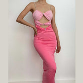 Hollow out contrast patchwork bowknot backless self tie cut out maxi dress - Final Sale