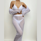 Long sleeve turnover collar solid halter pant 4 piece swimwear