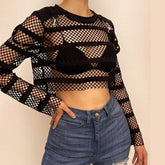 Hollow out long sleeve fishnet see through buckle solid crop cut out top