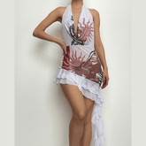 Abstract contrast cowl neck halter backless irregular mini dress-final-sale