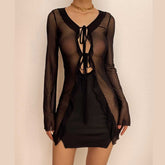 Long sleeve contrast print self tie ruffle mini dress-final-sale
