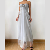 Ruched flower applique mesh tube maxi dress