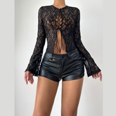 Long sleeve lace self tie solid crewneck top