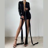 Long sleeve deep v neck metallic mini skirt set