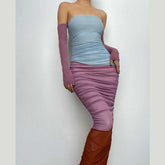 Mesh ruched contrast patchwork off shoulder maxi tube dress-final-sale