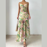 Ruched halter self tie print slit cami maxi dress